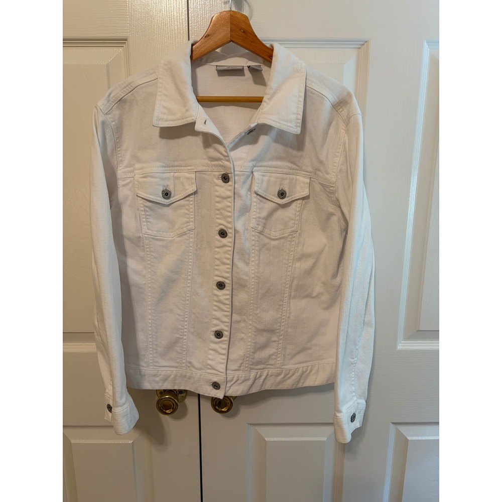 Chicos Platinum White Denim Jacket Size 2 Large Cotton Stretch Button Front